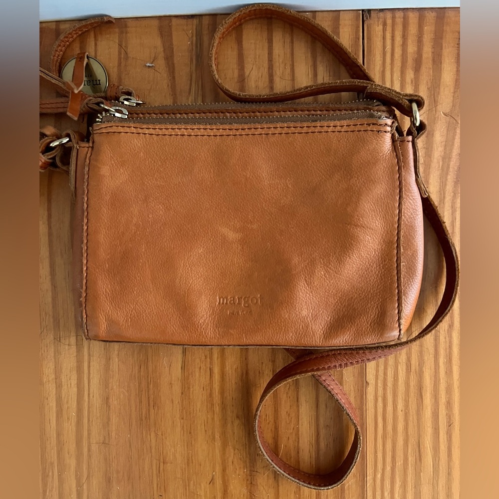 Margot New York "Mina" Triple Zip Leather Crossbody - Cognac
